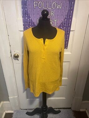 Women's Mustard Waffle Henley Long Sleeve Top